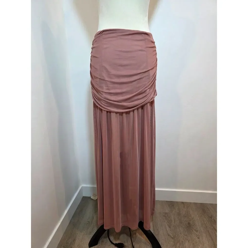 Anthropologie Maxi Skirt Ruched Dusty Pink Micro Mesh Sheer Long Large Cover Up